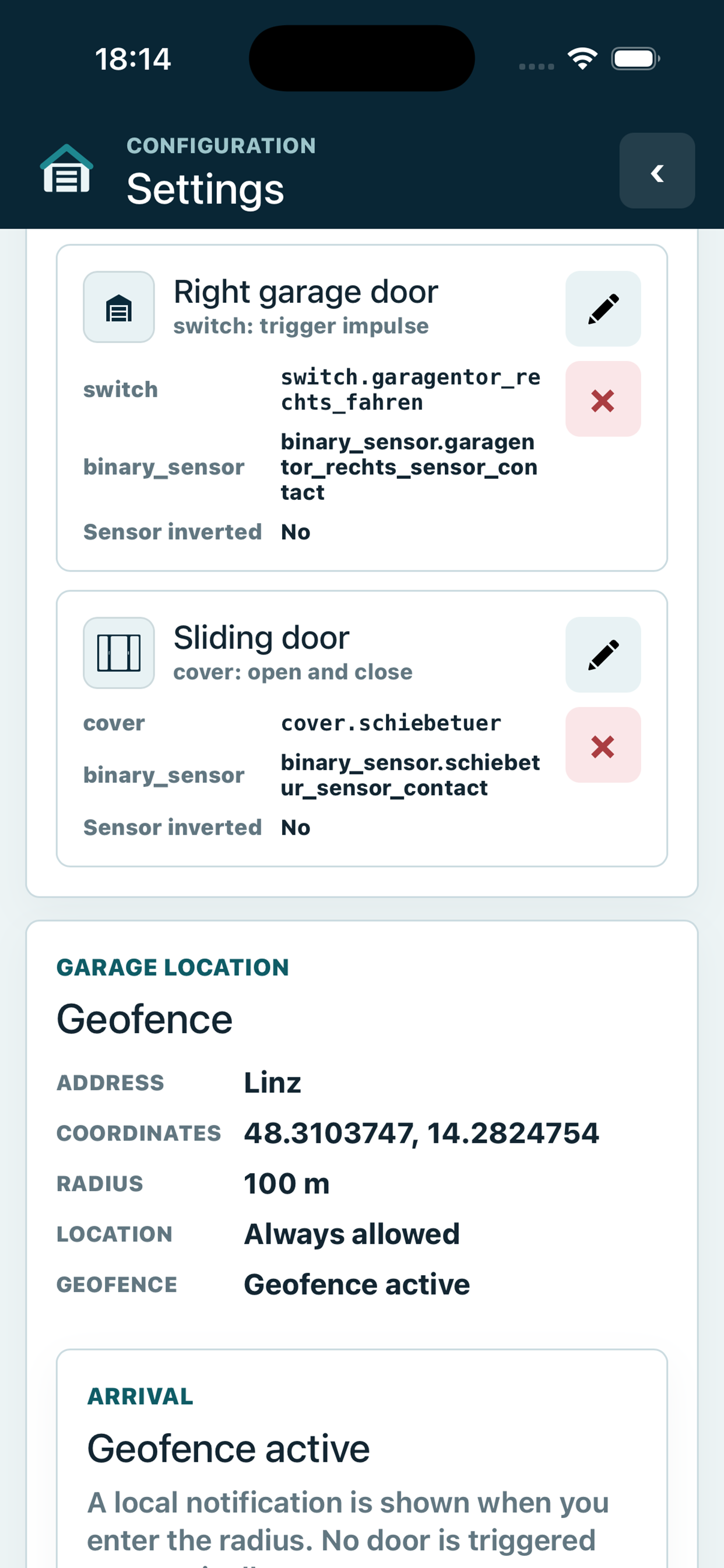 Door configuration and geofence arrival reminder settings
