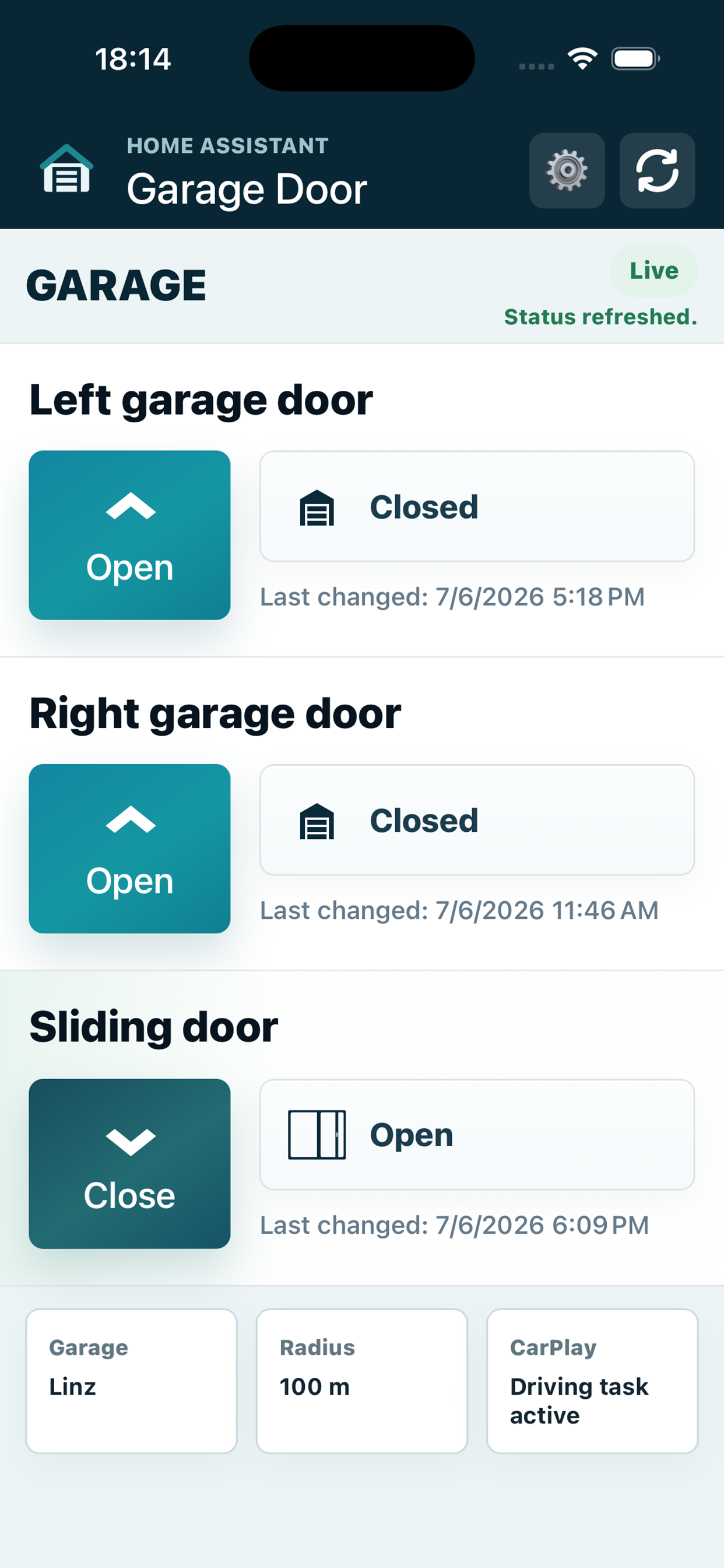 Garage Door Assistant showing three configured doors and their current status